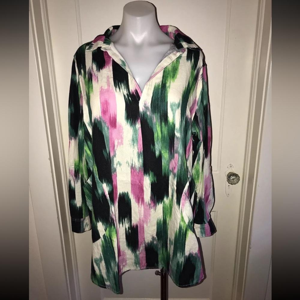 For Cynthia Linen Shirt Top Gorgeous Green Pink Black Size 1X Sophisticated Chic
